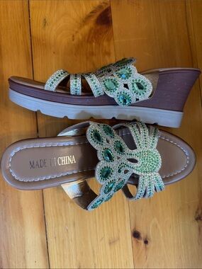 Women’s Green Jeweled Wedge Slide Sandals